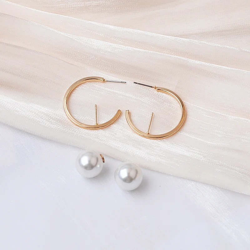 Detachable Imitation Pearl Stud Earrings Gold Color Metal Geometric Side Square Round Women\'s Earrings New Year Gitfs boucles