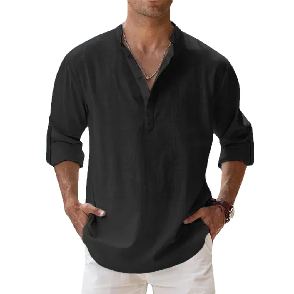 Cotton Linen Hot Sale Men\'s Short-Sleeved Shirts Summer Solid Color Henley Collar Casual Beach Style Hawaiian Vacation