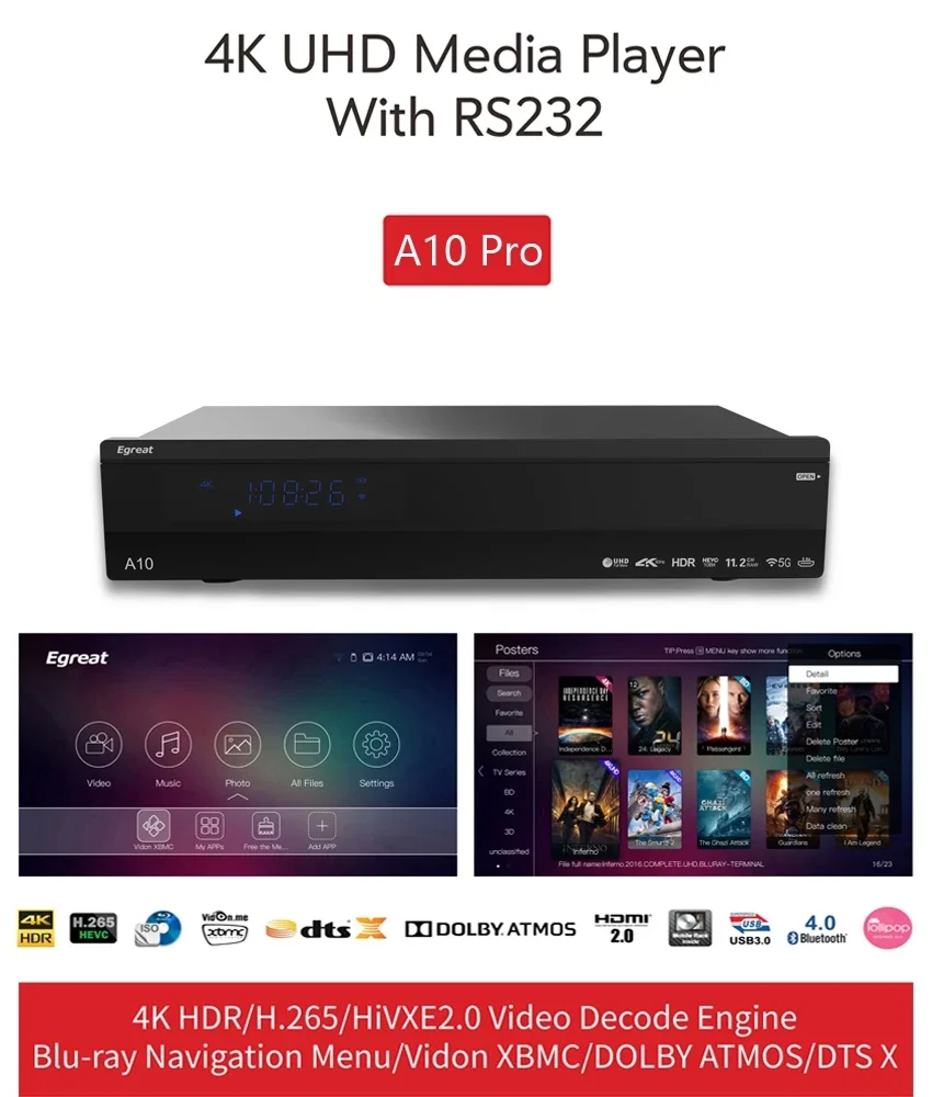 FORWith Internal Hdd HDR 10 Blu-ray 4K UHD Media Player Egreat A10 Pro with Remote Control Dual Wifi 2.4G/5G TV Box Media Player