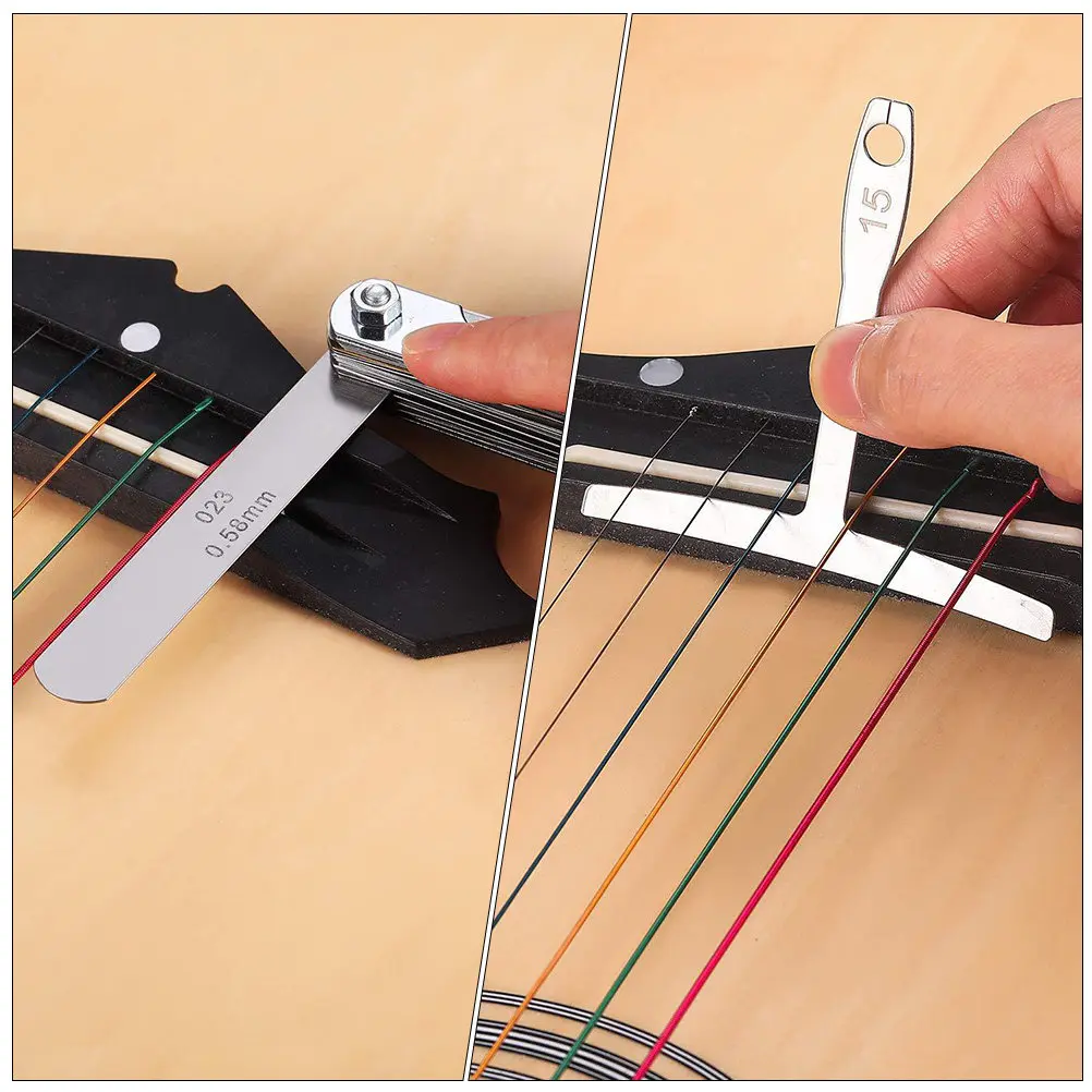 

Набор инструментов для гитариста: измерительный набор из нержавеющей стали, линейка, измеритель радиуса под струны для настройки гитары, измерения высоты струн и радиуса.