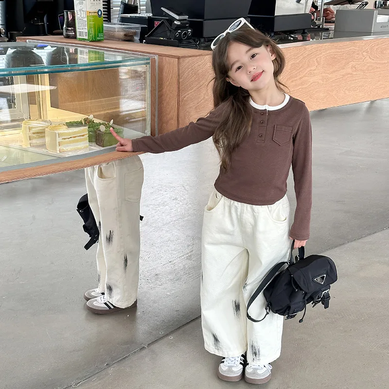 children's clothing  girls soft and comfort slim fitting fashion color matching long sleeved T-shirt fake two-piece bottom top