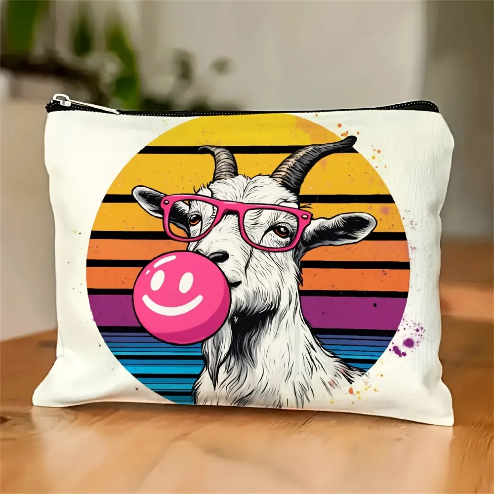 

A Glasses-wearing Goat and Pink Bubble Gum Makeup Bag - Multifunctional Zipper Pouch, Jewelry Storage Bag, Perfect Travel Zipper