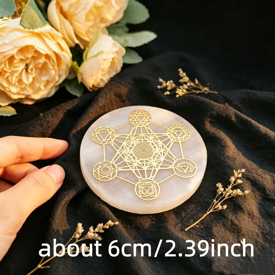 Natural Selenite Charging Plate with Golden Metatron Cube & 7 Chakra Symbols, for Energy Cleansing Meditation Home Decor Healing