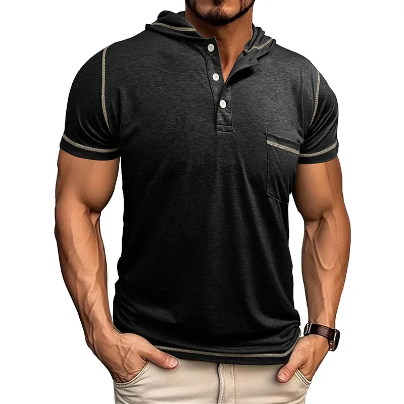 2025 American New Fashion Men's Casual Trendy Slim Hooded Short Sleeve Solid Color T-shirts Male Undershirts Sweatshirts Clothes