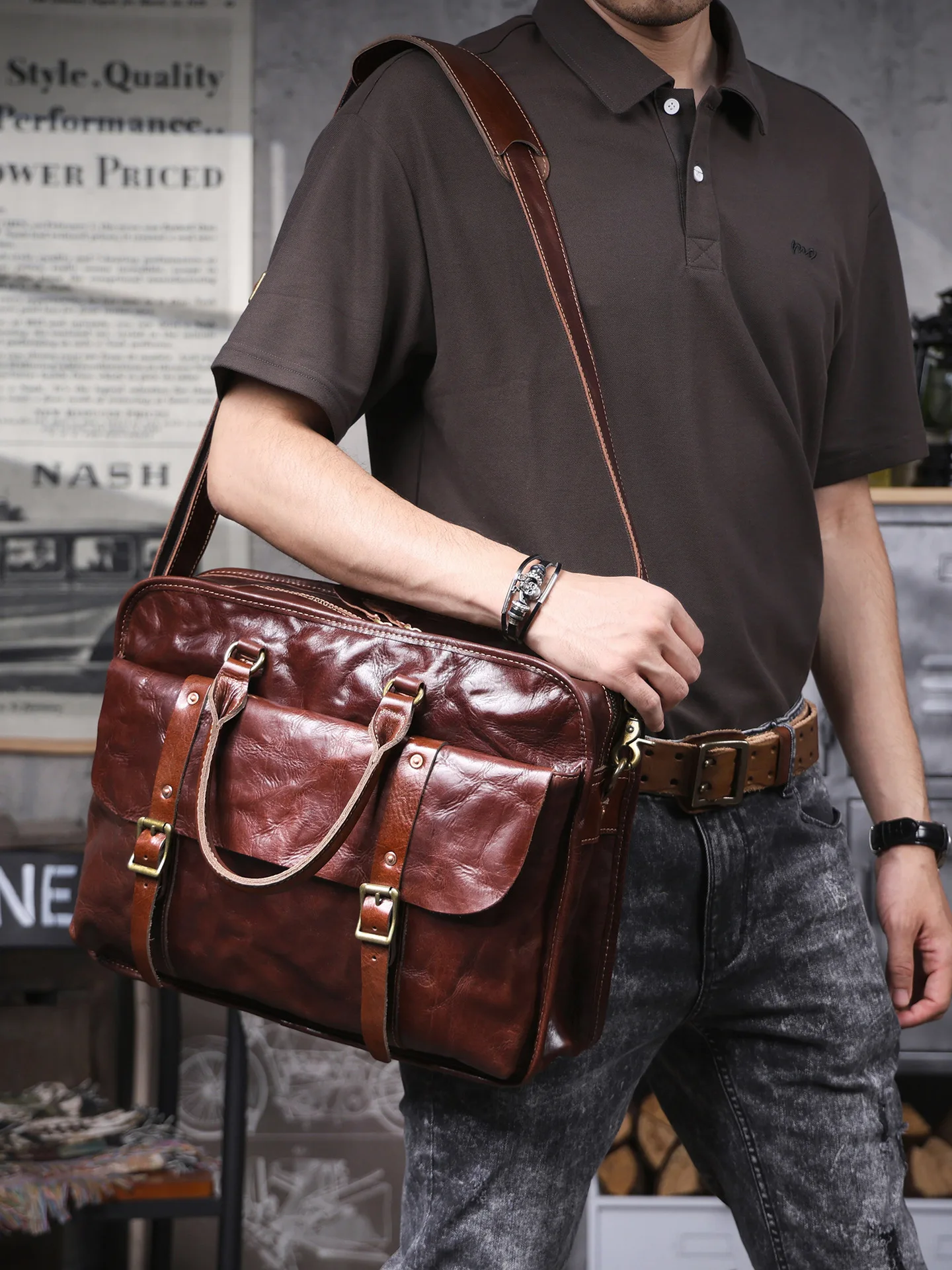 fashion designer handmade vegetable tanned cowhide men women's briefcase business genuine luxury leather black laptop handbag