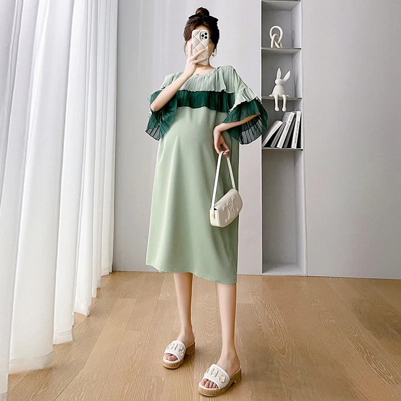 

Korean Style Summer Maternity Green Dress Loose Chiffon Pleated Dresses Half Flare Sleeve Patchwork Pregnant Woman A-Line Dress