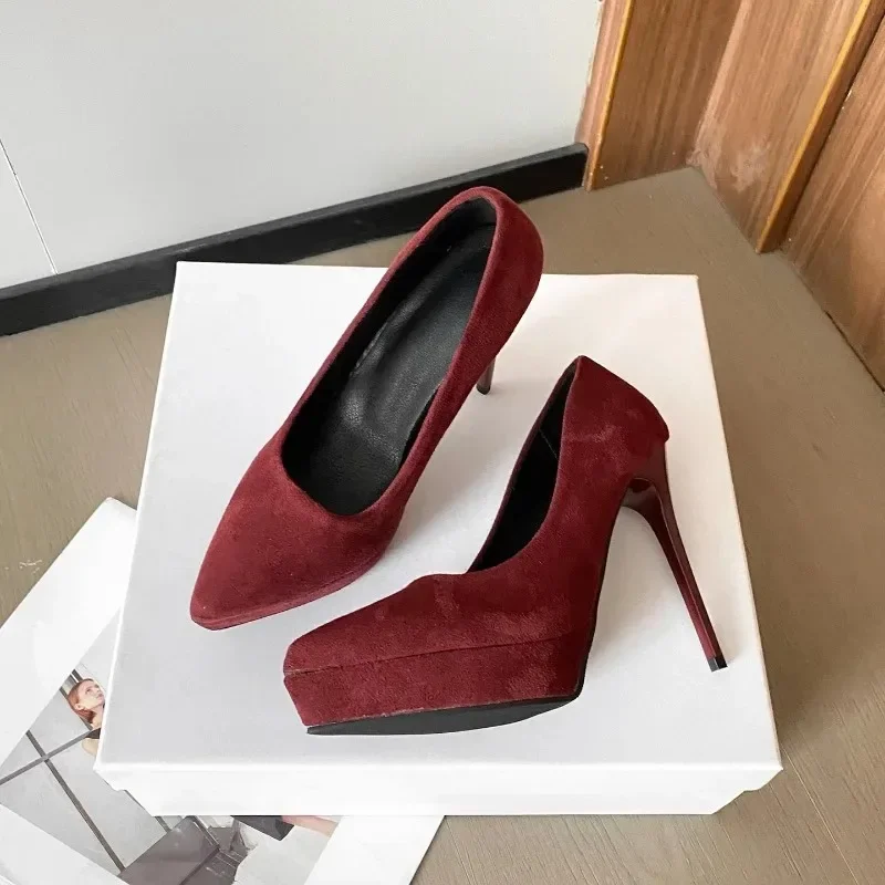 Super High Heel Single Shoes Autumn New Pointed Toe Shallow Suede Simple Platform Stiletto Heels