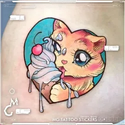 Cartoon Cat Eat Ice Cream Tatoo Sticker Lasting Fake Tattoo Arm Temporary Tattoo Anime Cute Art Faux Tattoos Waterproof Tatuajes