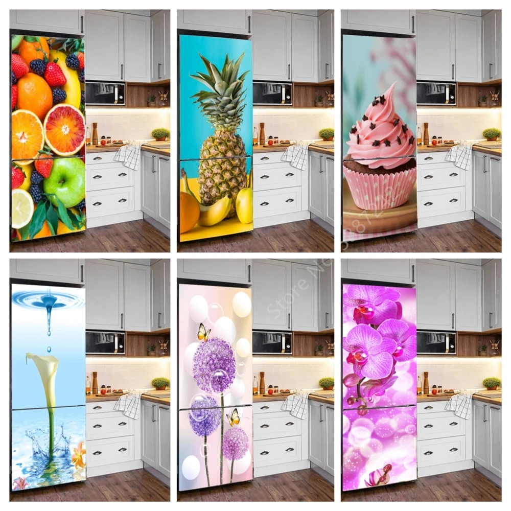 Kitchen Fruit Vegetable Vinyl Fridge Stickers Full Door Cover Adhesive Refrigerator Wallpaper Pink Flower Marble Butterfly Decal