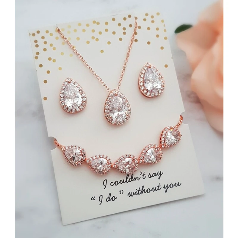 Custom Bridesmaid Jewelry Gift Rose Gold Set, Pear Earrings Necklace Bridesmaid Proposal Gift Set Wedding Party Gift I couldn't