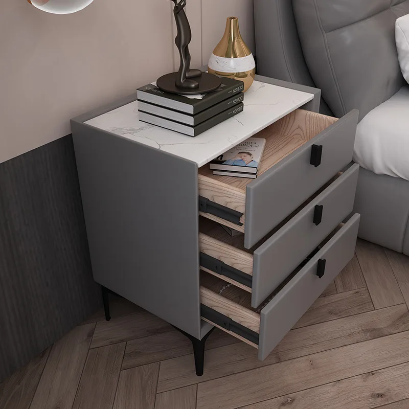 Modern Style Faux Leather Bedside Tables Solid Wood Bedroom Nightstands with 3 Drawers Rock Surface Side Cabinet