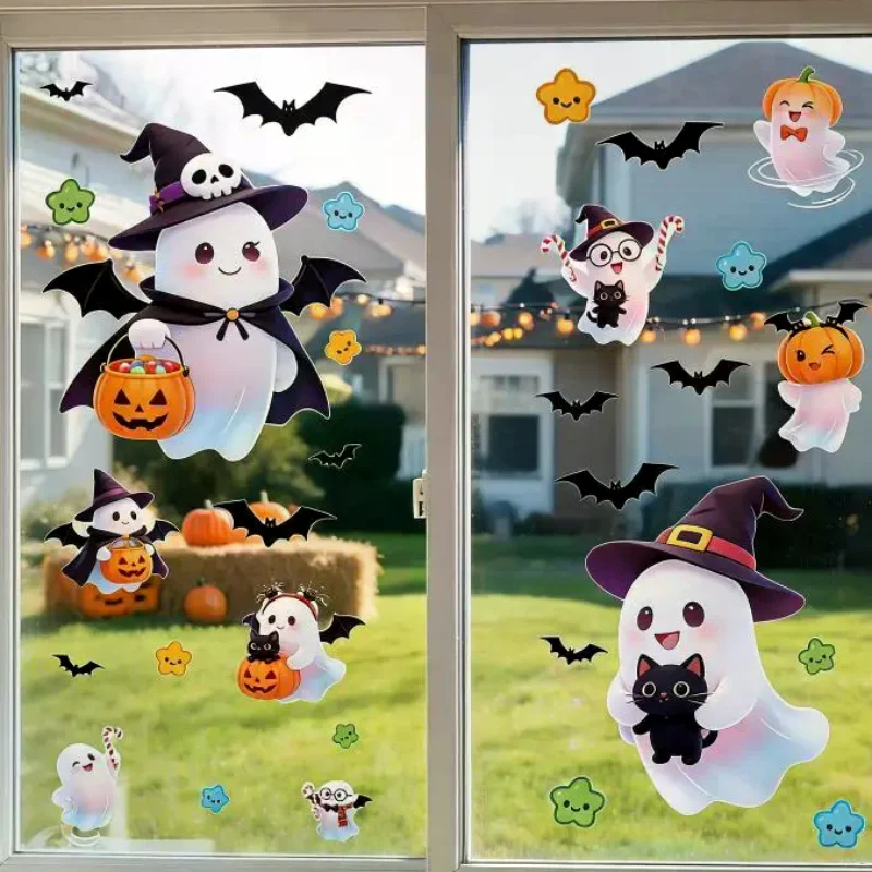 Cute Halloween Window Clings With Ghost Pumpkin Bat Patterns Easy Peel Design For Home Party Decorations