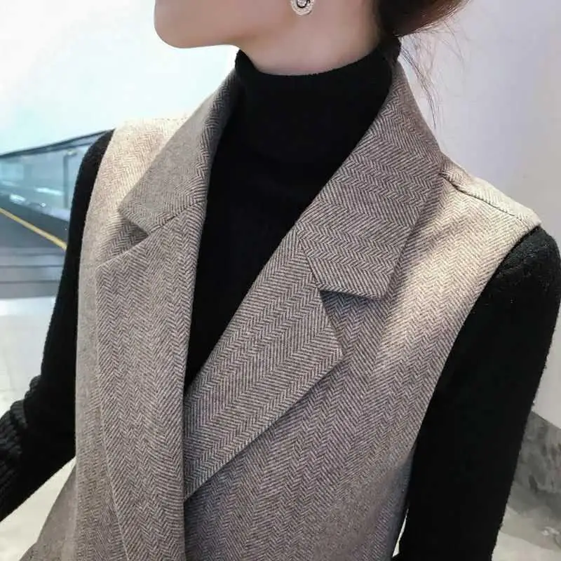 Women's Vintage Tweed Jacket Medium-length Woolen Vest 2025 Spring Autumn New Style People's Clothes Elegant Fashion