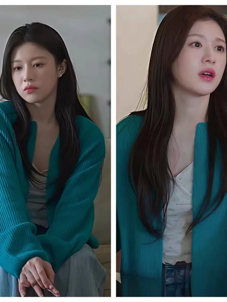 

Love How to Translate Korean Style Lazy Blue Green Knitted Open Cardigan Short Women's Sweater Jacket Warm Casual round Neck