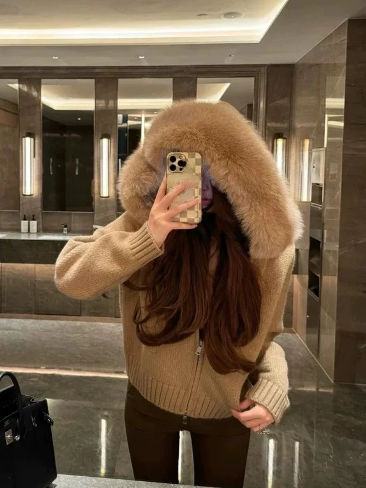 Autumn Winter Fur Hooded Knitted Sweater Woman Zipper Casual Long Sleeve Cardigan Outwear Fashion Warm Pullover New Chic