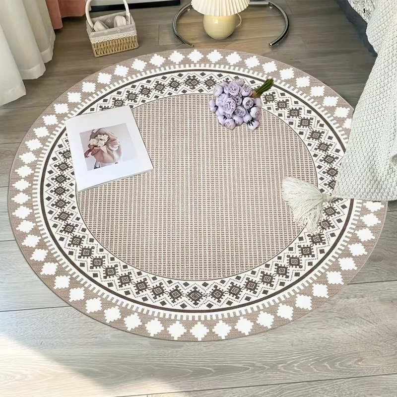 Round Nordic Ethnic Geometric Border Area Rug Neutral Khaki Boho Lattice Pattern Decor Carpet For Living Room Bedroom Entryway