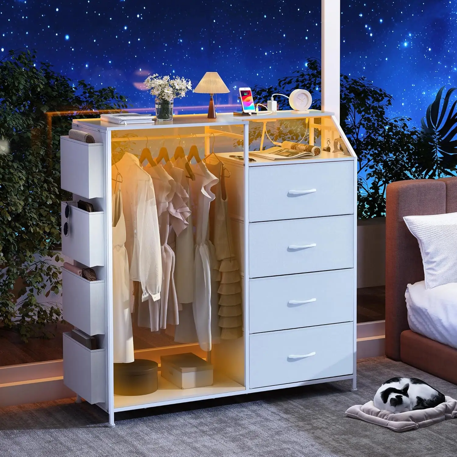 Dresser With Charging Station & Led Lights, Dresser For Bedroom With 4 Drawers, Fabric Chest Of Drawers With Clothes Rack,