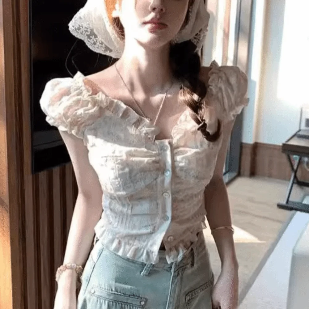 

Pleated Puff Sleeve Crop Top Off Shoulder Slim Fit Embroidered Floral T-shirt Spicy Girl Ruffle Sweet Top Women Female