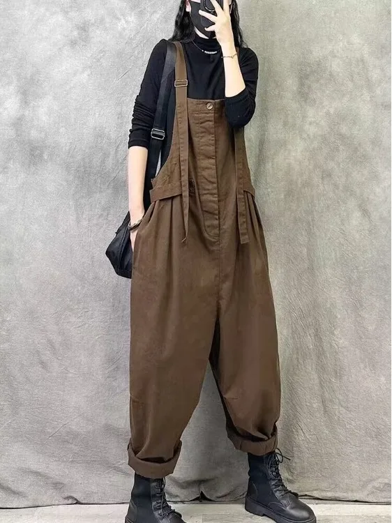 Casual Fashionable Retro Loose Women's Workwear Overalls High Waist Other Material 2026 Autumn Style Pure Color Ladies Pants