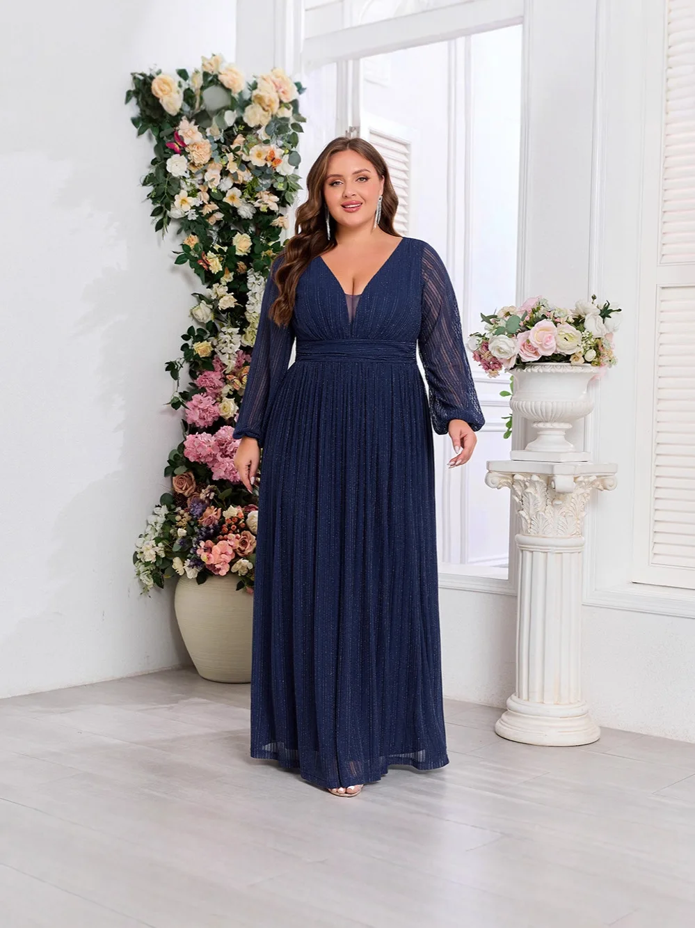 BKQU 심플 플러스 사이즈 이브닝 드레스 여성용 긴 소매 반짝이는 주름진 A라인 브이넥 풀라이닝 백 지퍼 이브닝 가운