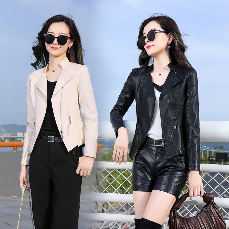 2024 Brand middle-aged casual leather jacket, women's leather jacket for spring and autumn , short and slim standing collar