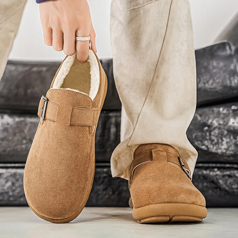 Chaussures d'hiver pour hommes, chaussures épaisses et moelleuses doublées en coton, chaussures chaudes en fourrure, bottes de neige à bout rond, Style loisirs, chaussures à fond plat