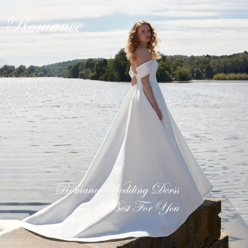 Simple Pleat Off The Shoulder A-Line Strapless Wedding Dress Open Back Buttons Satin Bridal Gown Vestidos De Novia Customized
