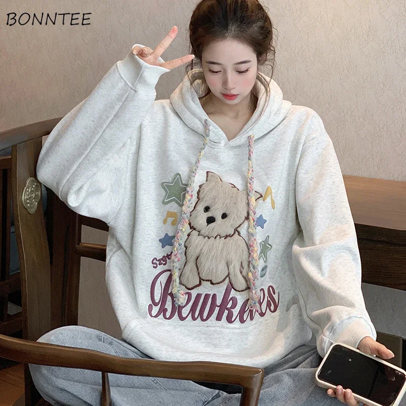 Hoodies Women Chic Loose Fit Hooded Casual All-match Embroidery Cartoon Students Young Trendy Autumn Winter Popular Ulzzang Ins