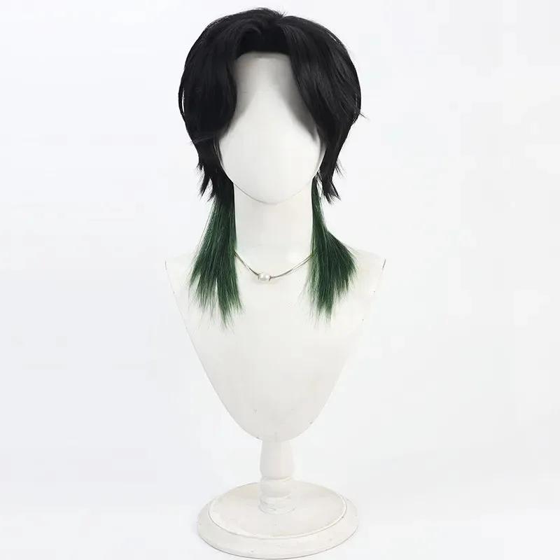 2025 aaa 니지산지 EN Vtuber Zeal Ginjoka 코스프레 가발 40cm 짧은 검정색 혼합 녹색 내열성 합성 머리카락