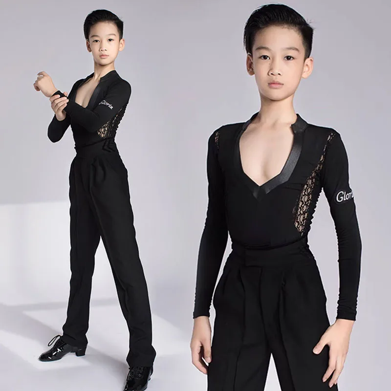 

Children Latin Dance Clothes Long Sleeve Black Dance Top Boys Cha Cha Rumba Training Outfit Latin Dancer Practice Pants VDL4366
