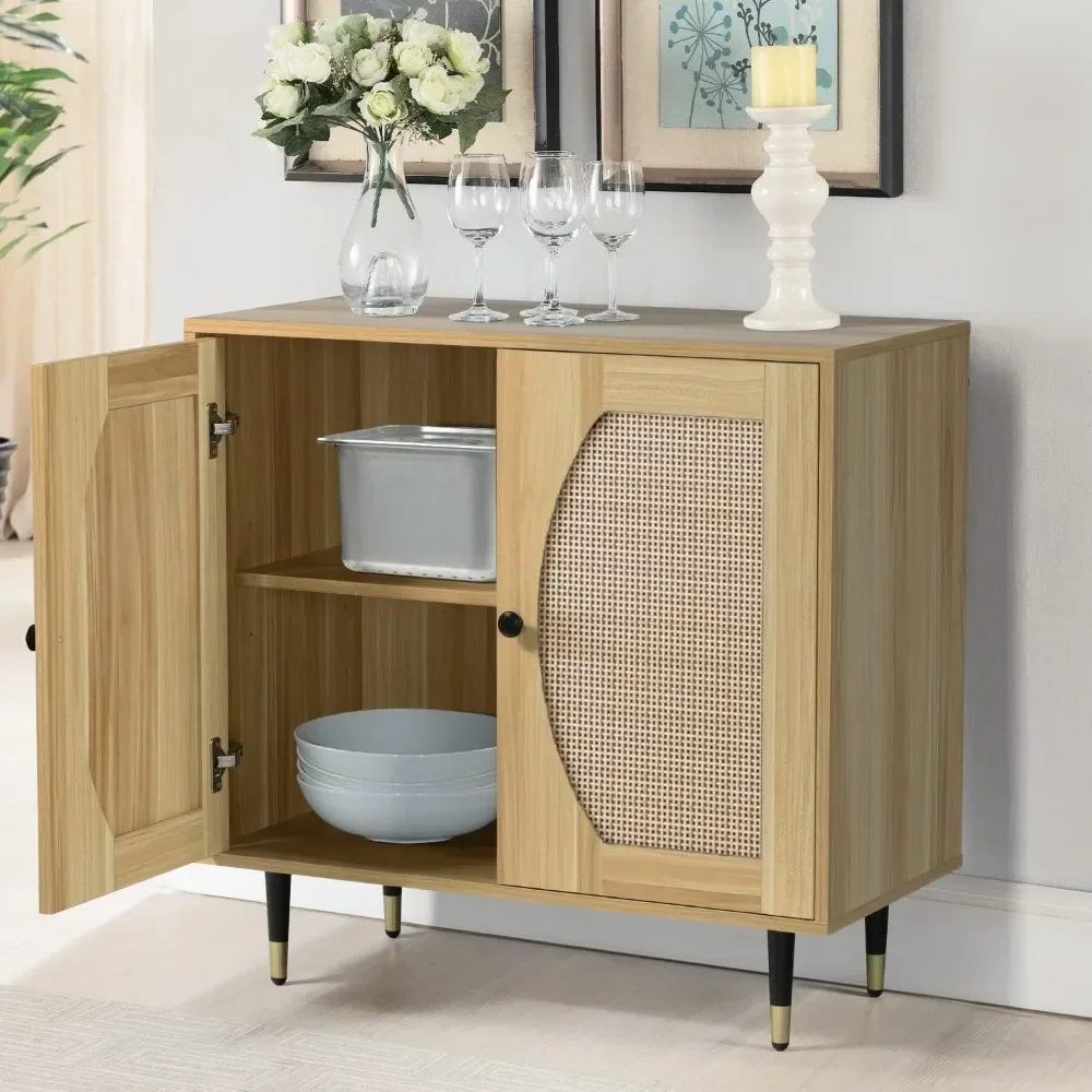 Kitchen Feature Cabinetry with Woven Natural Rattan Doors, Entrance Cabinet Console with Adjustable Shelves