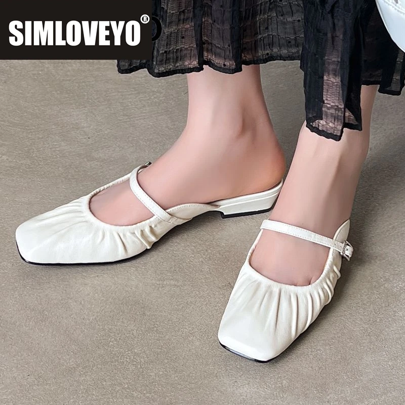 SIMLOVEYO Seasonal Brand Natural Leather Square Toe Slides Multi Buckle Soft Outdoor Everyday Female Comfort Footwear