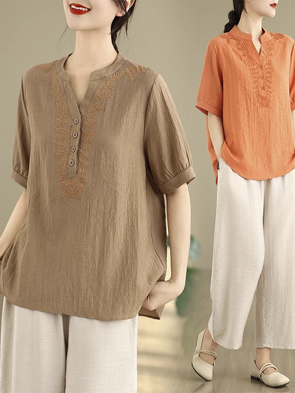 2025年夏 レディース コットンリネン 刺繍入りトップス ハイウエスト ワイドレッグパンツ ツーピースセット おしゃれ 快適 通気性