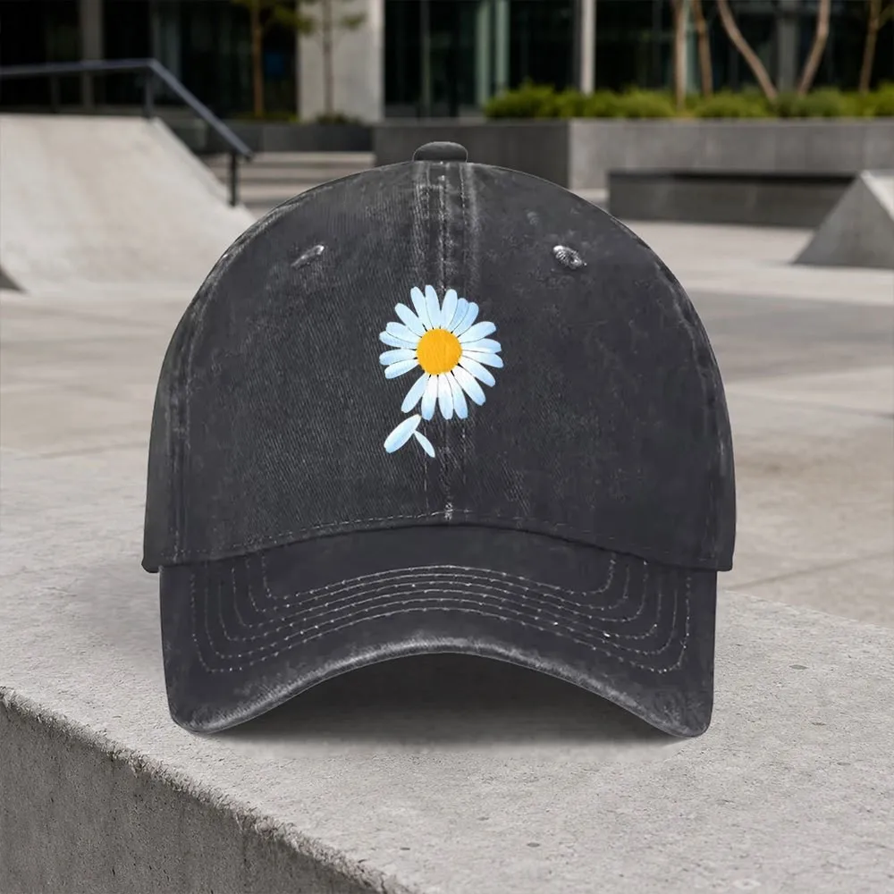 Vintage Daisy Print Washed Baseball Cap Unisex Adjustable for Outdoor Sports Daily Wear