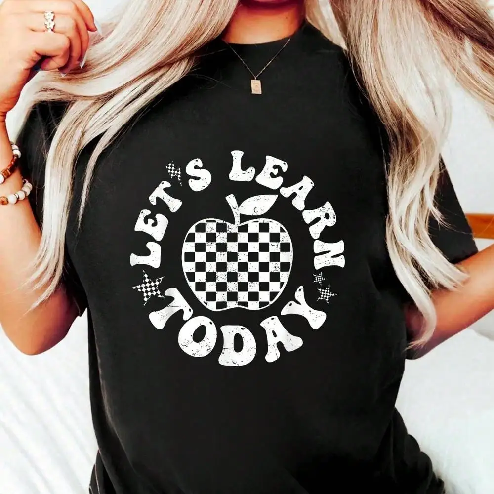 Let s Learn Today Checkered Back To School Teacher T-Shirt Cotton Graphic Tee For Women, Round Neck Short Sleeve Casual Tops