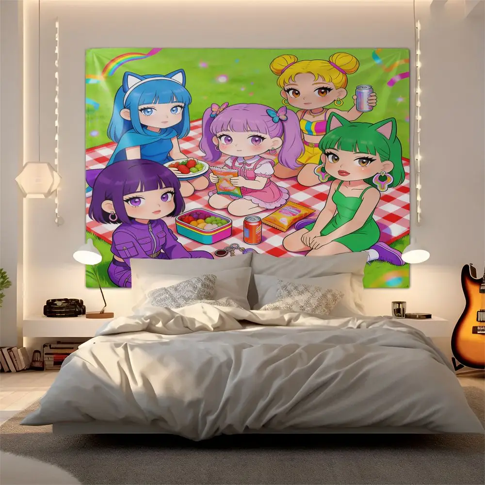 Night Market Cat Ear Girls Sticker Art Digital Print Tapestry Wall Hanging Tapestries Wall Blanket Cute Teen Wall Decor