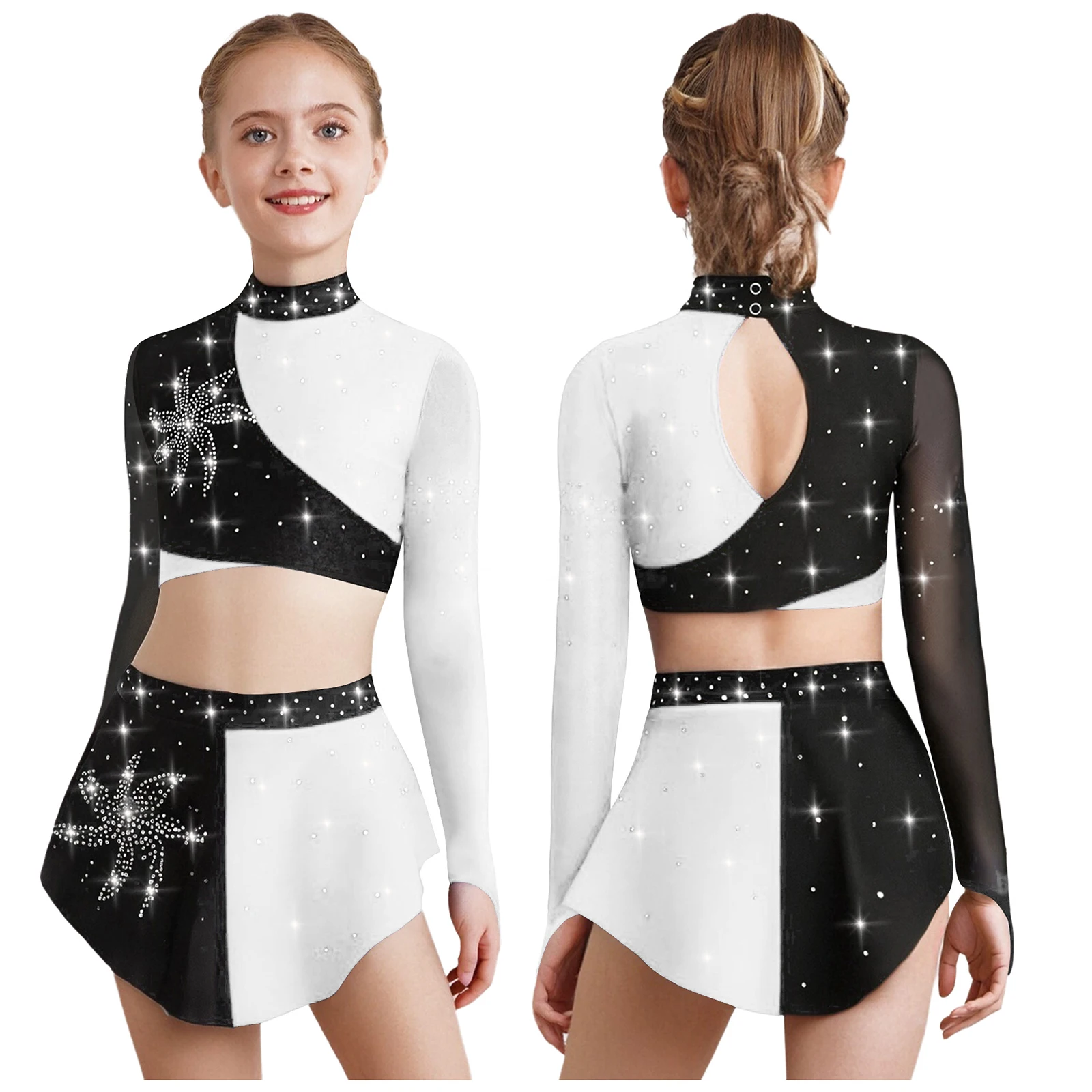 

Kids Girls Lyrical Ballet Ballroom Waltz Dance Crop Top with Sequins Mini Skirt Sets for Figure Skating Stage Performance Wear
