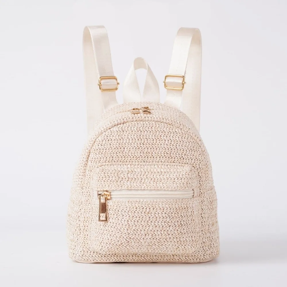 

Portable Woven Small Backpack Ethnic Style Large Capacity Straw Weaving Backpack Polyester Beige Mini School Bag Women