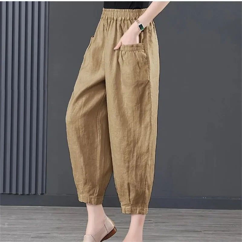 Pantalon sarouel en coton et chanvre pour femmes, ample, couleur unie, court, décontracté, neuf points, carotte, été 2025, pour maman