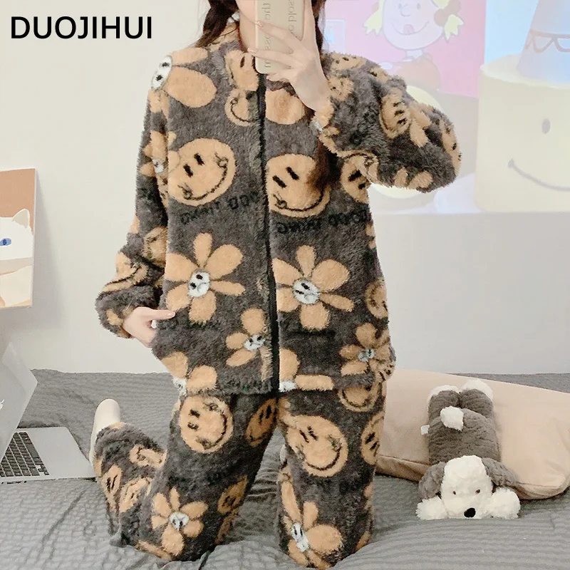 DUOJIHUI-Pyjama cardigan à fermeture éclair pour femme, pantalon décontracté pour femme, optique glouton d'hiver, ensembles de pyjamas féminins basiques, mode, document de sort