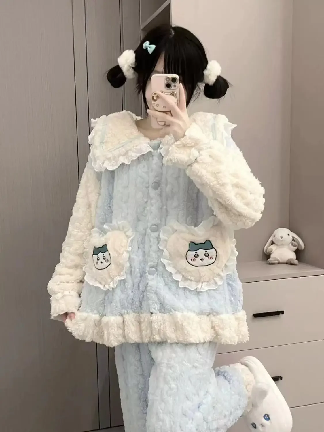 Chiikawa Cartoon Hachiware Pajamas Winter New Coral Velvet Thickened Warm Cute Girl Soft Girl Can Wear Pajamas Home Clothes Set