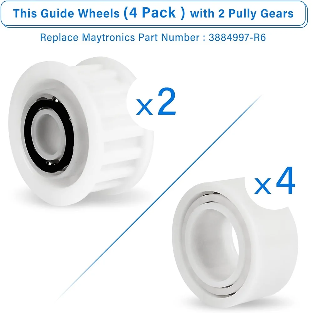 Automatic Robotic Pool Cleaner Replacement Parts, Guide Wheels 4 Pack with 2 Pack Pulley Gears 3884997-R6 for Maytronics Dolphin