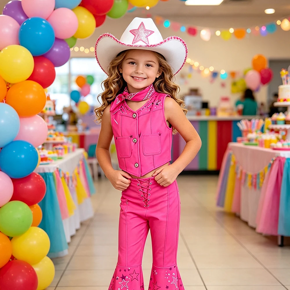 Rosa Cowgirl-Kostüm Mädchen-Outfit-Set Weste Schlaghose Kinder-Halloween-Kostüme – Detail 12