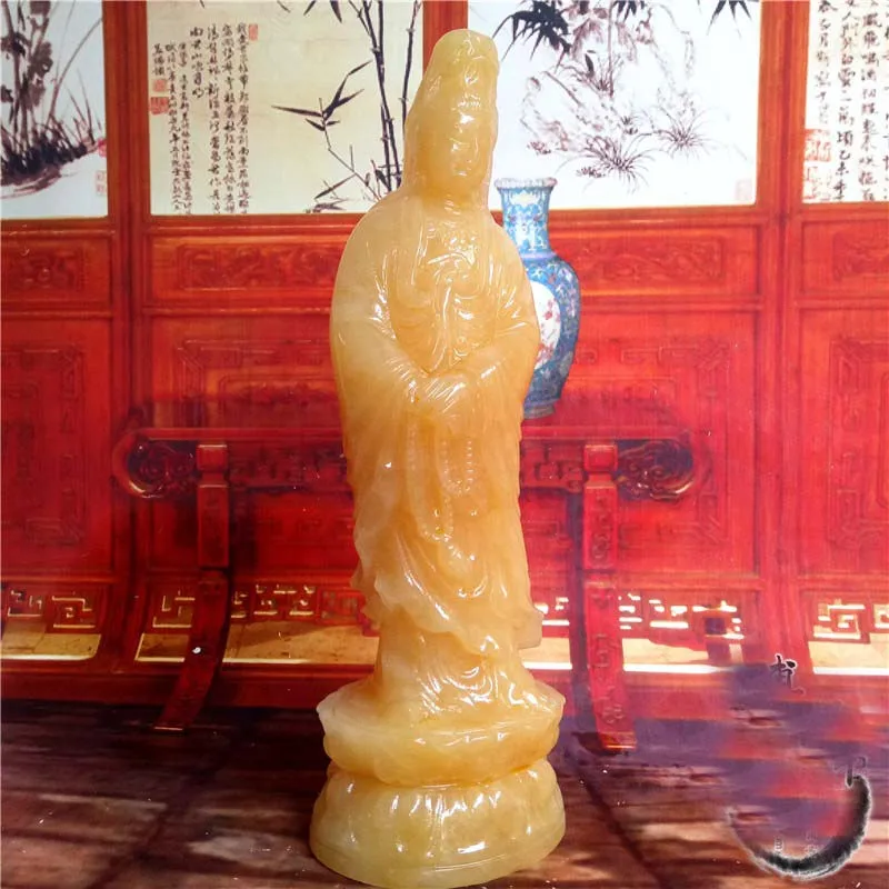 30CM Large Blessing Home office efficacious Talisman Guanyin Buddha Avalokitesvara yellow Jade hand carving Sculpture statue