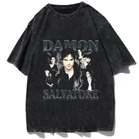 Damon Salvatore T Shirt Vintage Wash Ian Somerhalder Women's T-Shirt Street Wear Manga Short Sleeved Casual Harajuku Top T-Shirt