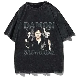 Damon Salvatore T Shirt Vintage Wash Ian Somerhalder Women's T-Shirt Street Wear Manga Short Sleeved Casual Harajuku Top T-Shirt