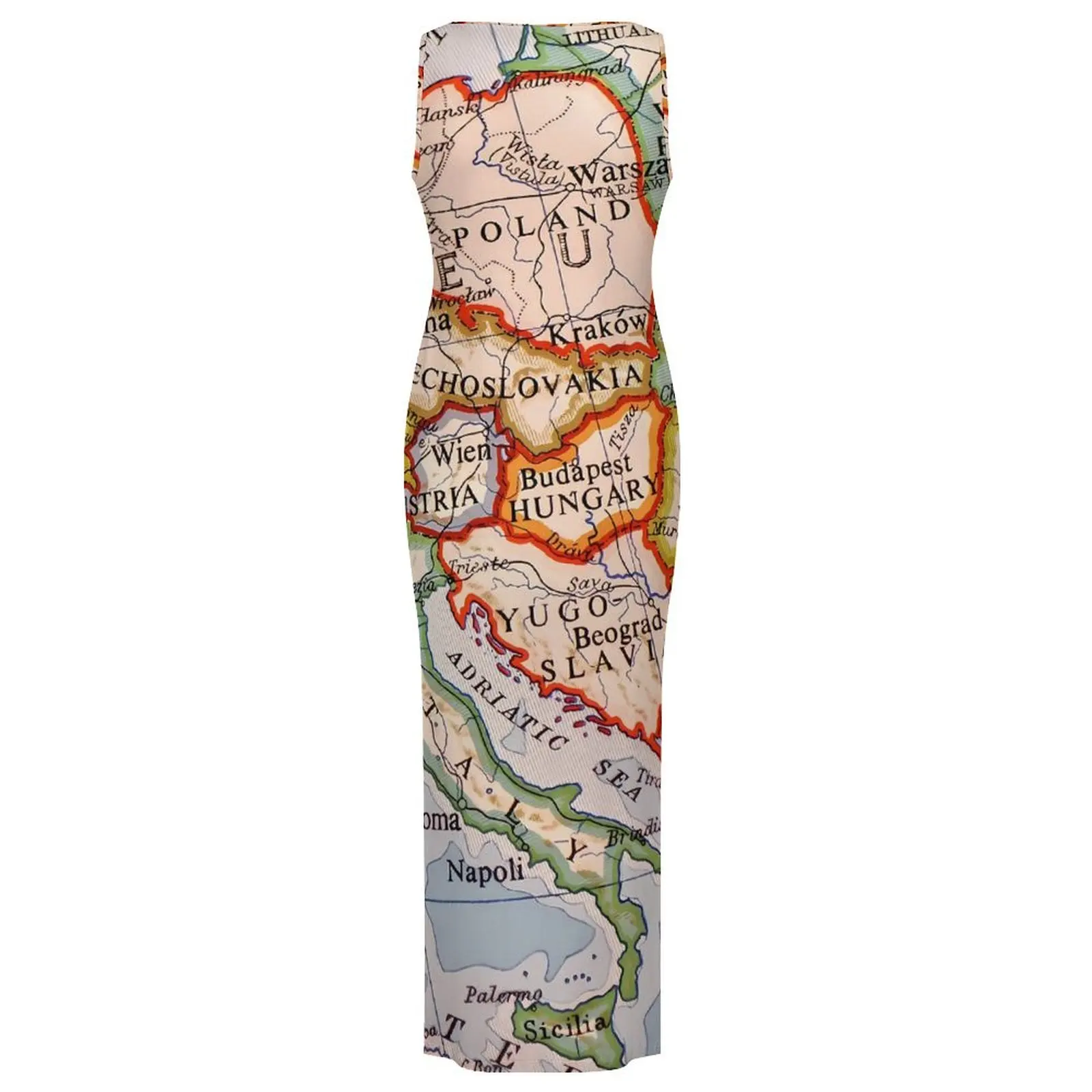 World Map Bodycon Dress Spring Colorful Geographic Vintage Maxi Dresses Ladies Sleeveless Design Aesthetic Dress Big Size