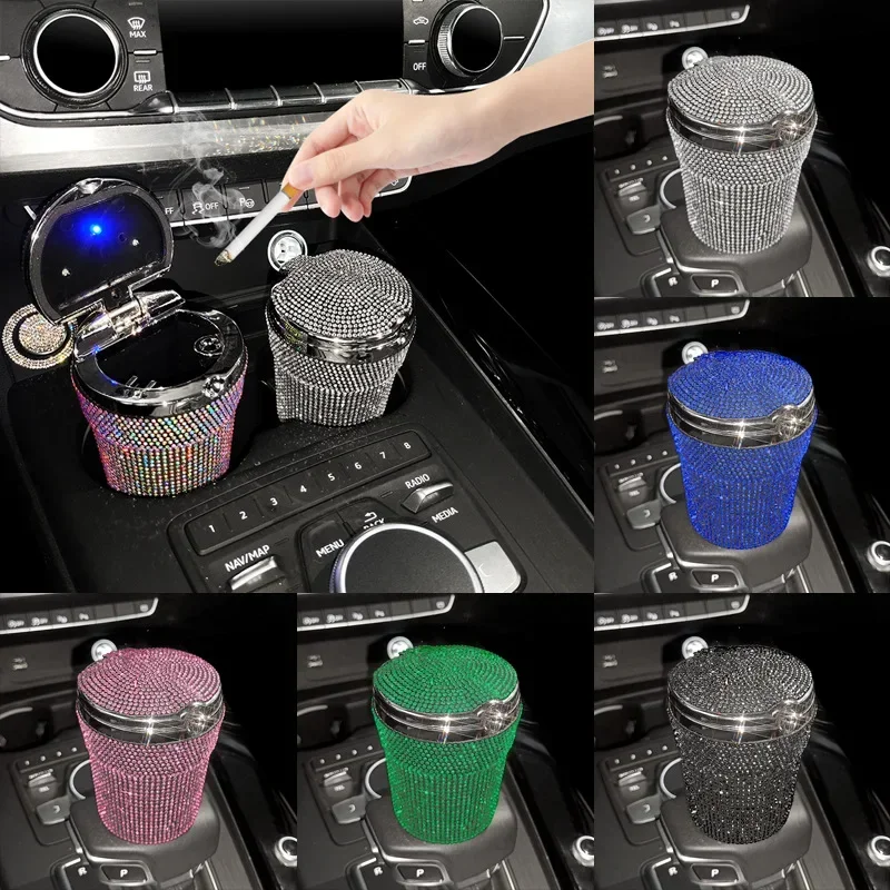 Crystal Car Ashtray Portable Cigarette Smokeless Cylinder Cup Holder with Blue LED Light Indicator Car Accessories for Women