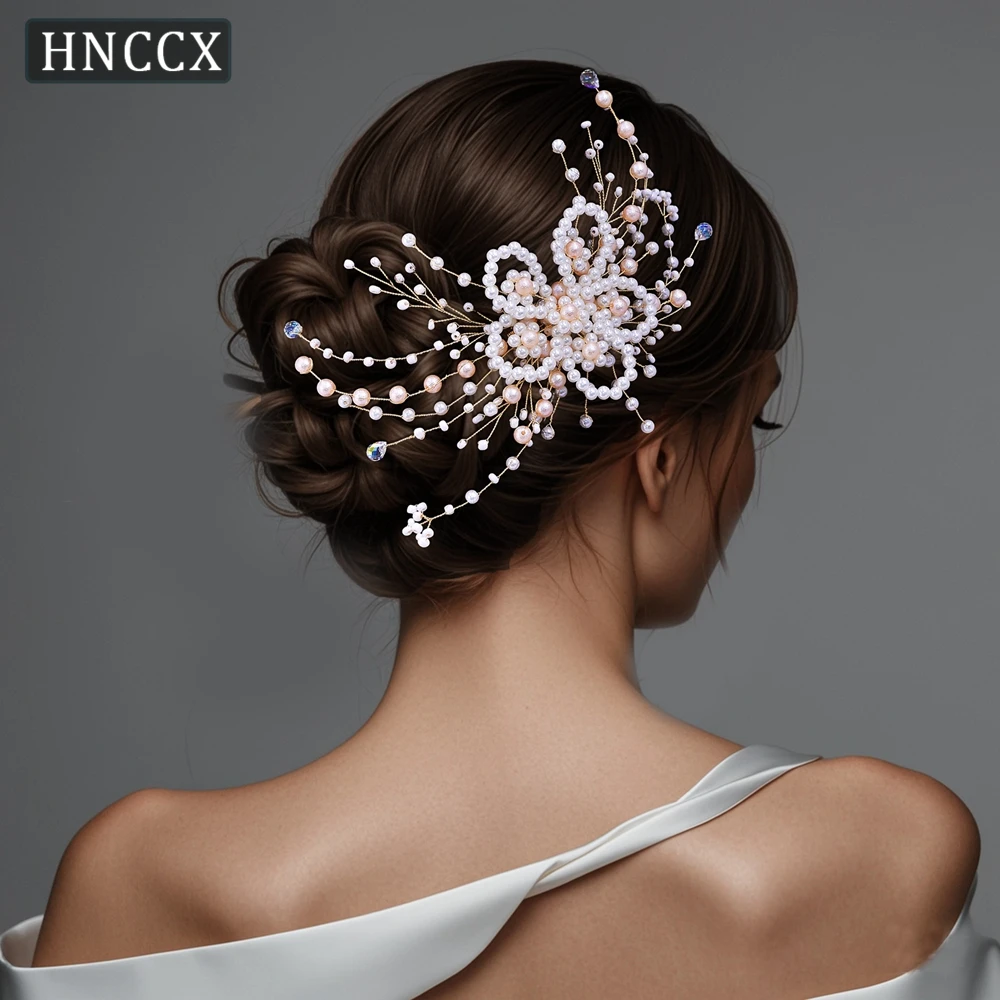 HNCCX Pink Pearl Gold Color Hair Combs Bridal Hair Accessoaries for Women Bride Pearl Crystal  Headpiece Bridesmaid Gift CP723