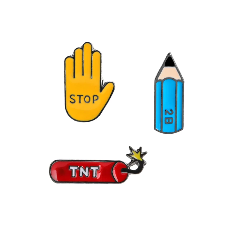 Funny Stop Palm Hand Gesture Design Enamel Brooches TNT And 2B Pencil Shaped Pins